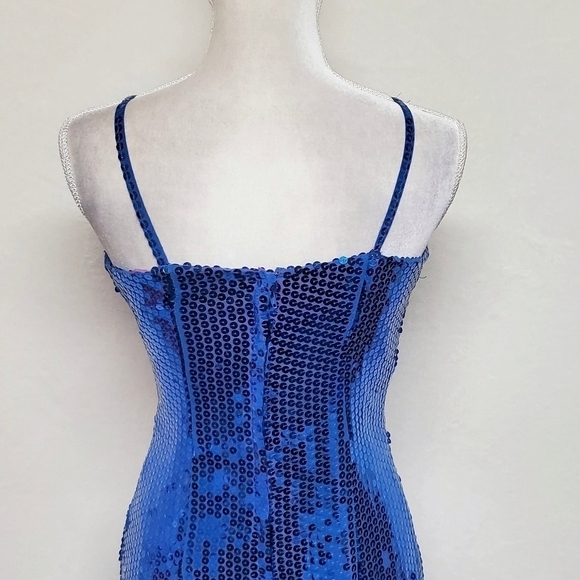 VINTAGE Alyce Designs Blue Silver Sequin Floral Bustier Side Slit Maxi Dress M - Picture 12 of 16